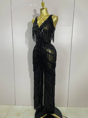 Nia sparkly black rhinestones sequined fringe jumpsuit for women – sexy stage, birthday, and nightclub performance outfit.