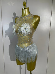 Alessia sparkly rhinestone flower bodysuit featuring decorative tassel accents