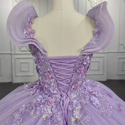 Flower Purple Beaded O-Neck Quinceañera Dress