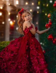 Luxury Burgundy 3D Flower Girl Dress with Pearls