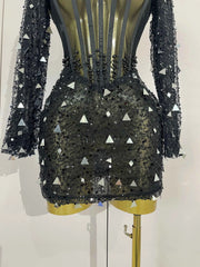 Shiny Sequin Pearl Sexy Black Mesh Long Sleeve Bodycon Mini Dress Women Celebrate Evening Birthday Party Nightclub Stage Costume