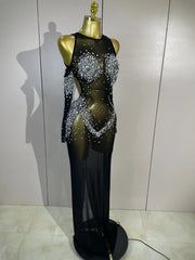 Envious Designs Sheryll sparkly diamond mesh backless see-through long dress with gloves for evening gala styling