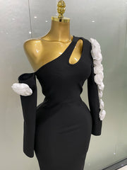 One shoulder floral keyhole bodycon bandage maxi dress.