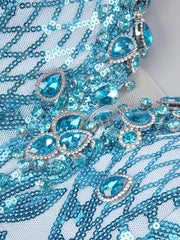Baby blue feather mini dress with sequins and V-neck – glitter party, prom, homecoming, birthday, cocktail outfit.