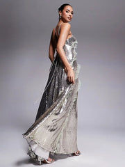Zaria silver sequin strappy backless gown with ruffle mesh details – elegant party dress.