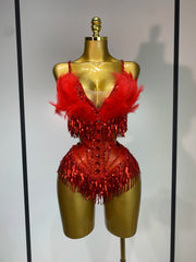 Rhia sparkly rhinestone tassel feather see-through bodysuit for nightclub and stage performance styling