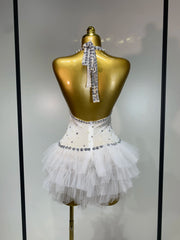 Jem white mesh bodysuit featuring sparkling diamond-like embellishments for a glamorous party outfit