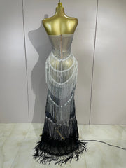 Jini sexy side split diamond pearl tassel mesh see-through long dress for evening gala styling