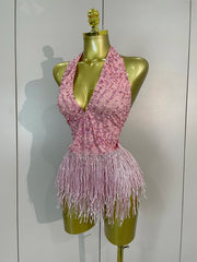 Tiana sparkly pink rhinestone pearl V-neck short mini dress – elegant party dress for women.