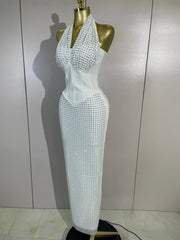 Jan halter bandage maxi dress featuring sheer mesh details and sparkling rhinestone embellishments