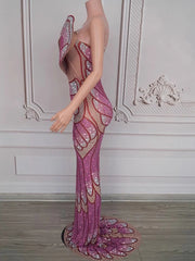 Ness strapless hot stamping elastic bodycon dress – shiny wrapped chest party outfit for women.