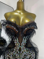 Shanice black strapless rhinestone ruffle mesh see-through mini dress for nightclub and party styling