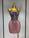 Miranda colorful crystal mesh bodycon mini dress. V-neck party dress for birthdays, vacations, nightlife, and stage performances.