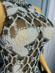 Cami pearly rhinestone sexy mesh see through mini birthday dress