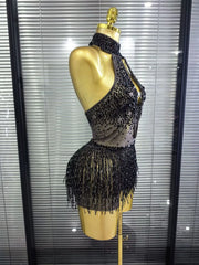 Denise sexy mesh see-through sequin tassel bodycon bodysuit for nightclub and birthday party styling