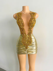 New Arrival Gold Sheer Beaded Mini Prom Dress 2024