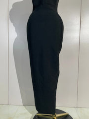 Astrid red off-shoulder bandage maxi dress featuring dimensional 3D floral embellishments and a fitted bodycon silhouette