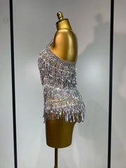 Anne sparkly rhinestones sequins tassel see through bodysuit