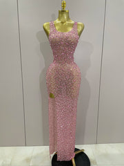 Rhonda sexy sparkle diamonds mesh see through evening maxi dress for women party night out