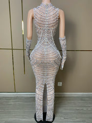 Noelle sparkly pearl rhinestone prom dress with gloves elegant mesh gown.