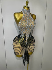 Laine crystal beaded mesh backless mini dress for women. Sexy sparkly outfit for birthdays, prom, and evening parties.