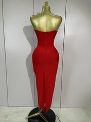 Strapless sparkly diamond long bodycon bandage dress for women, luxury evening and birthday wear.