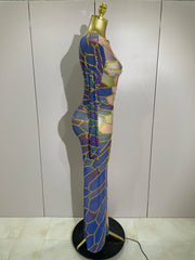 Jamie luxury sparkly rhinestone sheer mesh long dress with stretchy bodycon fit for evening party and stage wear