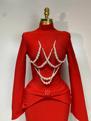 Gina black and red long sleeve bodycon bandage dress featuring elegant pearl beading