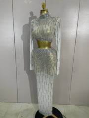 Ivy white rhinestone mesh two-piece long dress set with sparkling sheer detailing