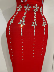 Strapless sparkly diamond long bodycon bandage dress for women, luxury evening and birthday wear.