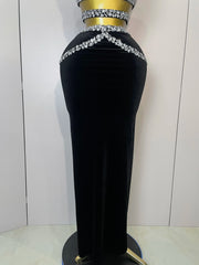 sparkly rhinestone velvet two-piece set with crop top and skirt, perfect for birthdays, nightclub, stage, and elegant parties.