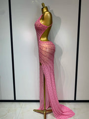 Shine in this rhinestone halter mesh split maxi dress. Sexy backless party dress for birthdays, stage shows, cocktail parties, and evening events.