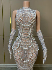 Noelle sparkly pearl rhinestone prom dress with gloves elegant mesh gown.
