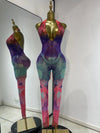 Debra sparkly rhinestone colorful print mesh halter backless jumpsuit for festival and party styling