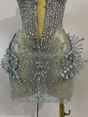 Kiara deep V silver diamond mesh mini dress for women. Sexy sparkly outfit for birthdays, nightclub, and stage events.