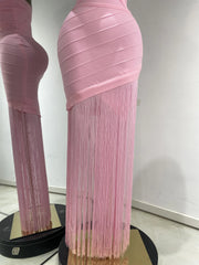 baby pink fringed sleeveless V-neck bandage bodycon dress for party and brunch styling