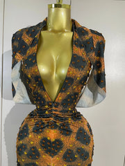 Lisa leopard print V-neck maxi dress featuring sparkling rhinestone embellishments for a glamorous evening look