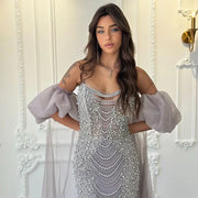 2025 Vintage Lilac Grey Evening Gown Half Puff Sleeve Dress  with Cape Jacket