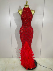 Keziah luxury red rhinestone feather mesh long dress for women, perfect for birthdays, nightclubs, or stage events.