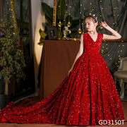 Wine Red Sequin Flower Girl Mermaid Dress: Long Puffy Formal