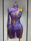 Purple rhinestone fringe bodysuit with one-shoulder sleeve