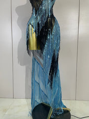 Railey sparkly diamond tassel side slit strapless mesh see-through long dress for nightclub and stage performance styling