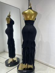 La'Nyah elegant black halter V-neck backless ruffle bodycon long dress for evening party and cocktail styling