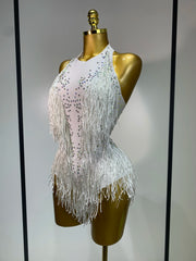 Danica sparkly rhinestones fringes leotard with tassel details for women.