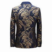 Men’s blue and gold floral jacquard tuxedo with shawl lapel and matching pants for formal or wedding wear