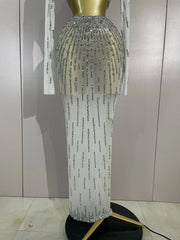 Ivy white rhinestone mesh two-piece long dress set with sparkling sheer detailing