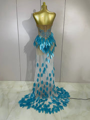 Liah sparkly diamond pearl strapless mesh maxi dress for evening party and stage performance styling