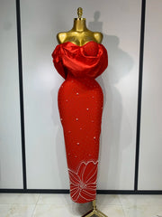 Off shoulder red maxi bandage dress with beaded detailing