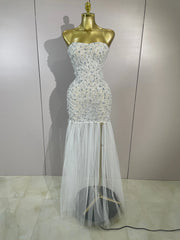 Reiley rhinestone strapless mesh see through mini dress for women. Sexy sparkly outfit for birthdays, nightlife, and parties.