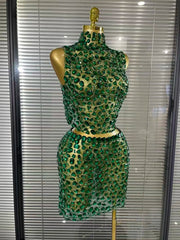 Amber crystal mesh two piece bodycon mini dress set for women. Sexy outfit for nightlife, stage wear, and party events.